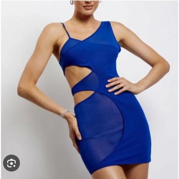MESHKI Aubrey Dress Womens XS Blue Asymmetric Cutout Mesh Bodycon Mini - Picture 1 of 5